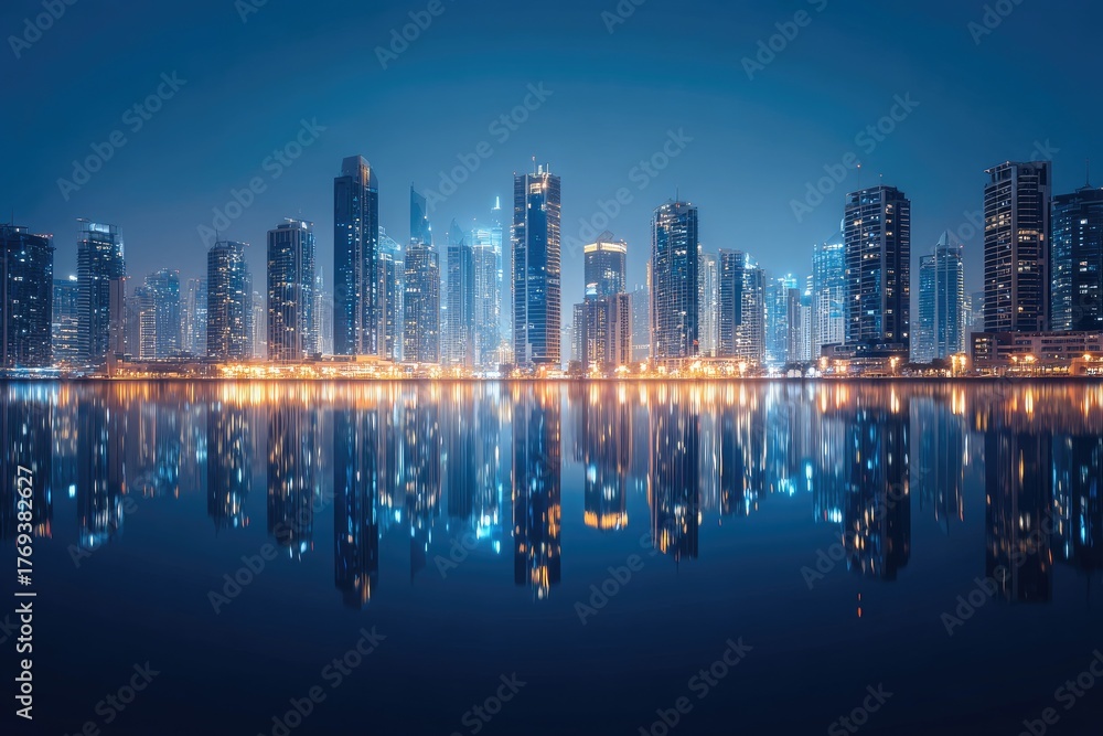 Fototapeta premium Night cityscape showcasing illuminated skyscrapers mirrored in tranquil water