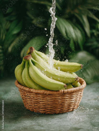 Fresh Green Bananas in a Woven Basket with Water Splashing Over Them