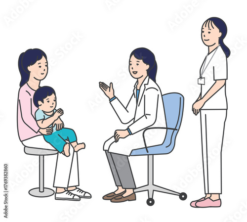 患者を診察する医者と看護師のシンプルイラスト素材