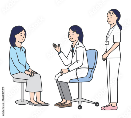 患者を診察する医者と看護師のシンプルイラスト素材