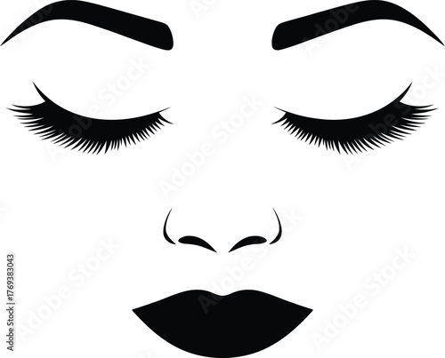 Minimalist black and white illustration of a woman s face with closed eyes and full lips