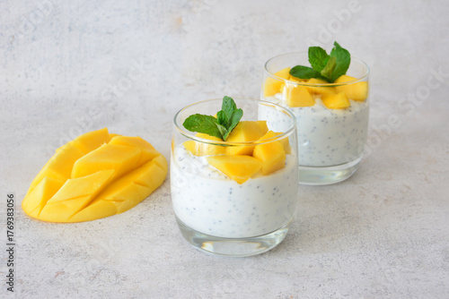 drinking glasses with Mango Chia Seed Pudding and Mint on gray background