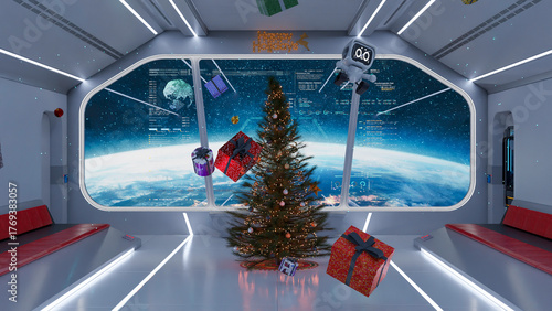 Photos A vibrant Christmas-themed 3D animation featuring a futuristic spaceship orbiting Earth, with a stunning planetary view