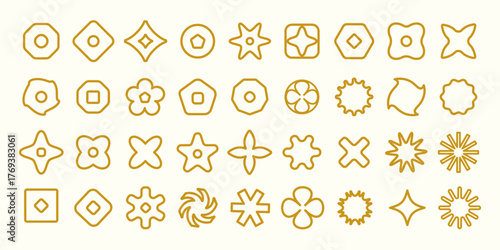 Abstract geometric icons with symmetrical and organic shapes in minimalist line art style, for logos, UI design, app icons, branding, infographics,packaging, print, digital, decorative elements.Vector