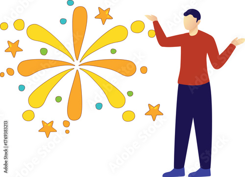 The boy is presenting free firecracker.