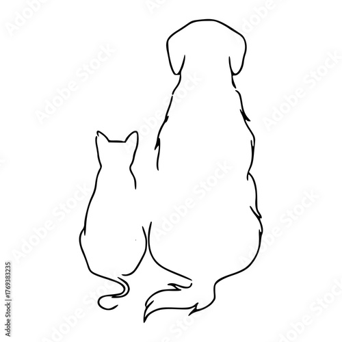 dog and cat sitting together minimalist line art vector