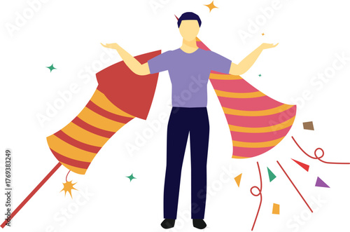 The boy is presenting the inflatable party popper