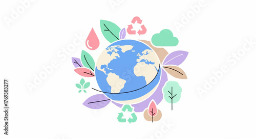 Sustainable planet illustration with Earth surrounded by eco-friendly symbols, representing global environmental protection, conservation, and ecological harmony for a brighter future