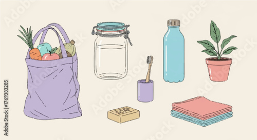 Sustainable living objects, including grocery bag, jar, toothbrush, soap, plant pot, and reusable water bottle, emphasizing eco-friendly practices