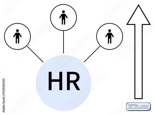 Central HR node connects to individuals, with an upward arrow symbolizing growth and efficiency. Ideal for management, leadership, hiring, team building, career growth, business strategy, simple flat