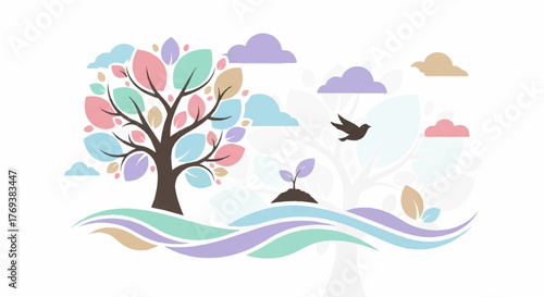 Abstract nature landscape with a vibrant, colorful tree representing life, growth, and ecological harmony in a minimalist flat design