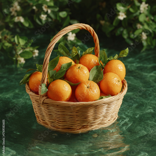 Fresh Oranges in a Basket Surrounded by Green Foliage on a Calm Water Surface
