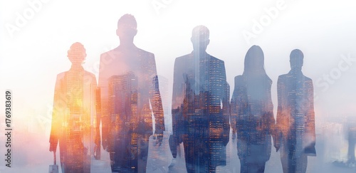 Silhouetted figures in professional attire merge with cityscape, representing success and forward progress