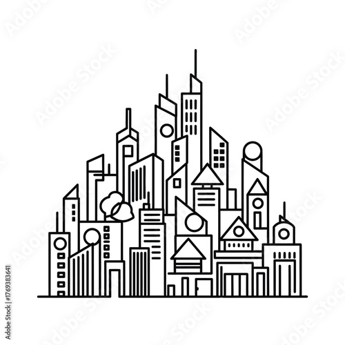 Stylized black and white cityscape silhouette of buildings