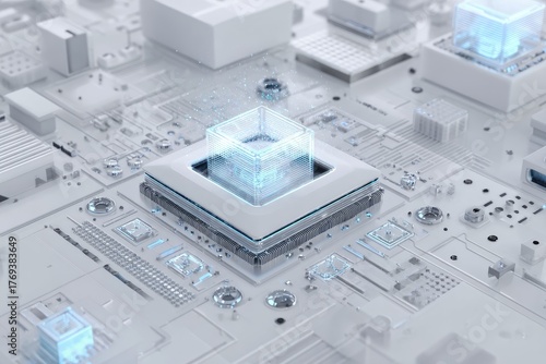 Futuristic digital circuit board with a central glowing element and surrounding intricate white components