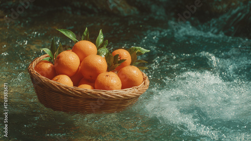 Fresh Oranges in a Rustic Basket Surrounded by Clear Flowing Water