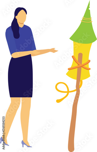 The girl is pointing new year firecracker rocket