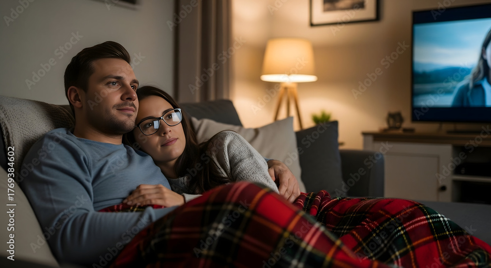 Fototapeta premium Cozy Night In: A couple shares an intimate evening, snuggling together on a comfortable sofa under a warm blanket, lost in a captivating movie scene.