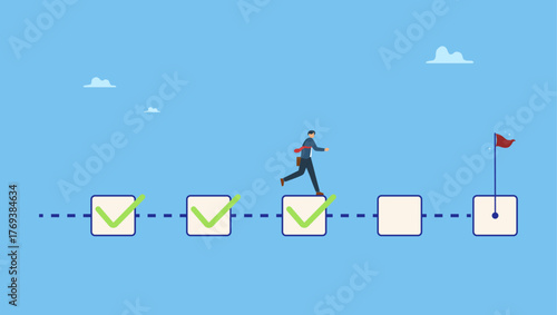 Businessman project manager running on completed checkbox to reach goal. Project management, task tracking or work progress, tracking finish or completed tasks, planning or productivity.