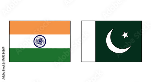 India and Pakistan National Flags Horizontal Tricolors and Crescent Star.
