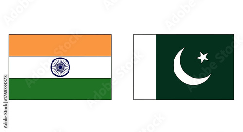 India and Pakistan National Flags Tricolor and Crescent Moon Design.