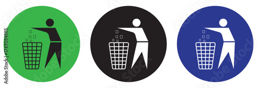 Man throwing garbage symbol simple design, Throw trash vector symbol for cleanliness, Waste disposal icon for smart city, Keep clean throw garbage vector artwork, Trash bin icon for green initiatives
