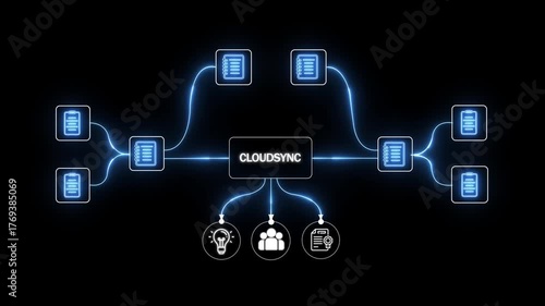 Digital mind map illustrating cloud synchronization with connected documents and icons on black background Keywords: cloud sync, cloud synchronization, mind map, diagram, concept, idea, connection