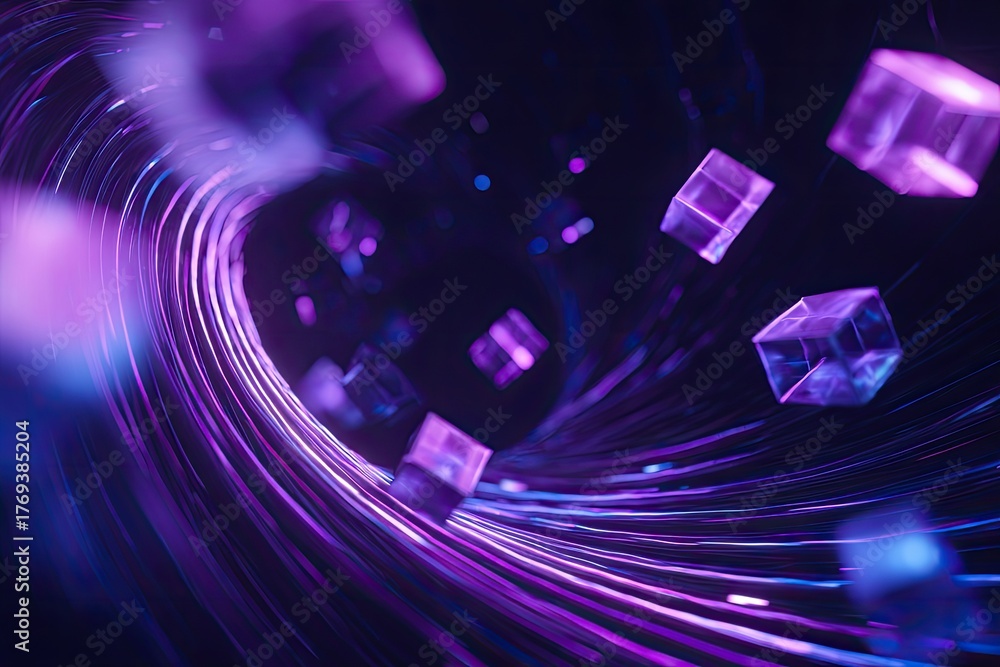 Obraz premium Abstract tunnel with glowing lines and translucent cubes in shades of purple and blue, dark background