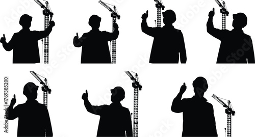 Silhouette vector illustration of construction workers with cranes pointing upward, teamwork, safety, engineering, building process, architecture, industry, labor, and instruction