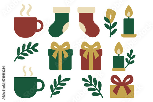 Traditional red and green winter holiday symbols featuring gift boxes and steaming hot drinks
