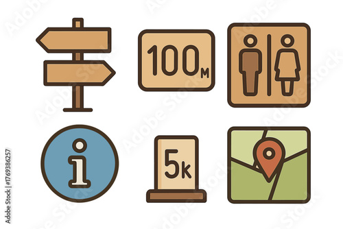 Essential navigation and location icons set featuring signpost, distance markers, and map pins