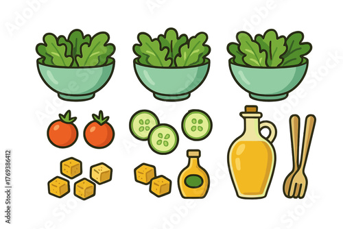 Fresh salad ingredients set with lettuce tomatoes cucumbers oil and croutons