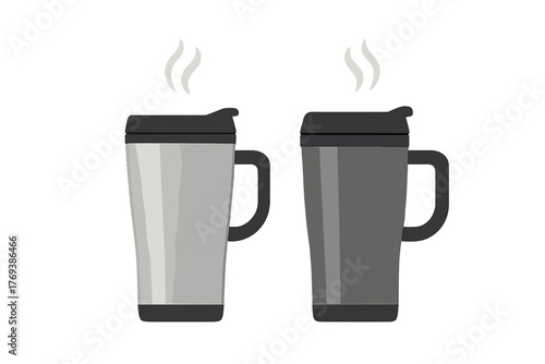 Two insulated thermal travel mugs, silver and dark gray, with steam rising