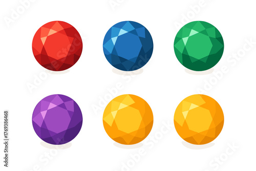 Six colorful round faceted gemstones isolated on a white background showcasing various jewel colors and brilliant cuts