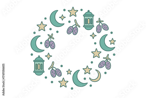 Circular decorative frame with Islamic symbols crescent moons stars dates and traditional lanterns