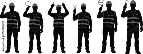Silhouette vector illustration of construction workers with safety helmets holding communication symbols, teamwork, collaboration, safety, agreement, coordination, expression, and industry