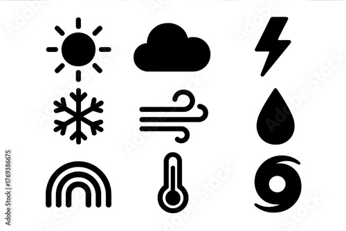 Set of black glyph symbols depicting various weather conditions and climate phenomena