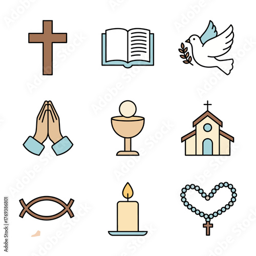 A collection of colorful line icons representing various Christian faith symbols and spiritual concepts