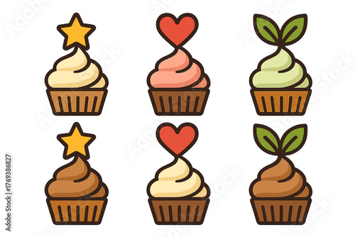 Six delicious dessert cupcakes with different frosting flavors and decorative star, heart, and leaf toppings