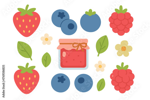Ripe strawberries, blueberries, and raspberries with green leaves and a jar of homemade fruit jam