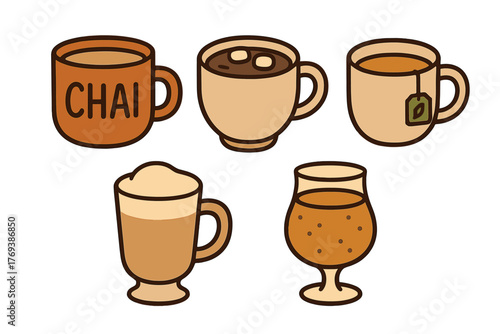 Collection of cozy warm beverages including chai, hot cocoa, herbal tea, and frothy coffee drinks