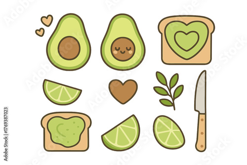 Cute avocado toast ingredients set with happy fruit, lime slices, knife, and heart shapes