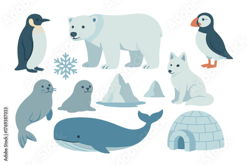 Adorable Arctic and Antarctic wildlife set with polar bear and penguin characters