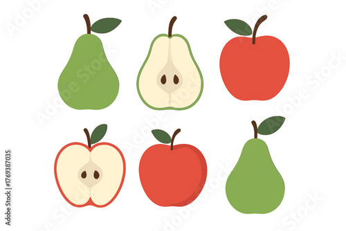 Seamless repeating pattern of fresh whole and halved red apples and green pears