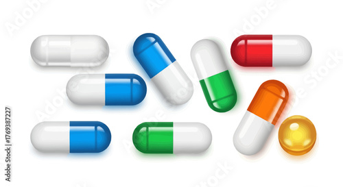 Assortment of Colorful Pharmaceutical Capsules and a Single Pill Isolated.
