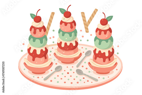 Three colorful towering ice cream sundaes with cherry toppings and wafer sticks on a decorative platter