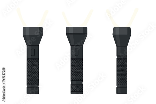 Three modern black handheld flashlights emitting a strong beam of white light