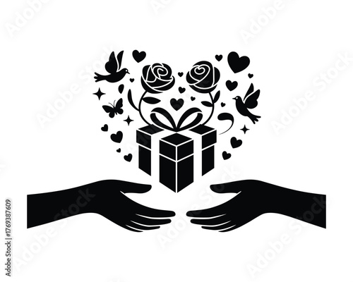 Hands offering a gift box with a heart shaped floral arrangement and flying doves symbolizing love and generosity