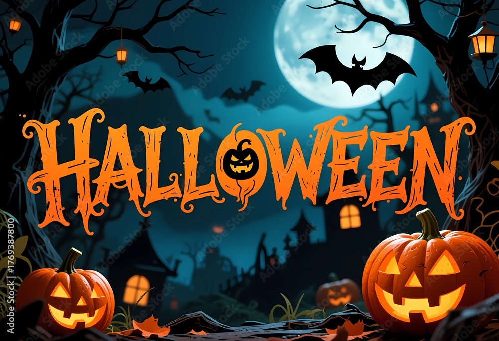 Fototapeta premium Spooky Halloween decorations fill the scene with glowing jack-o'-lanterns, ghostly bats in the sky, and dark, twisted trees creating an eerie atmosphere Generative AI
