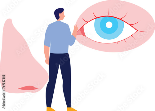 The boy is pointing about eye sense.